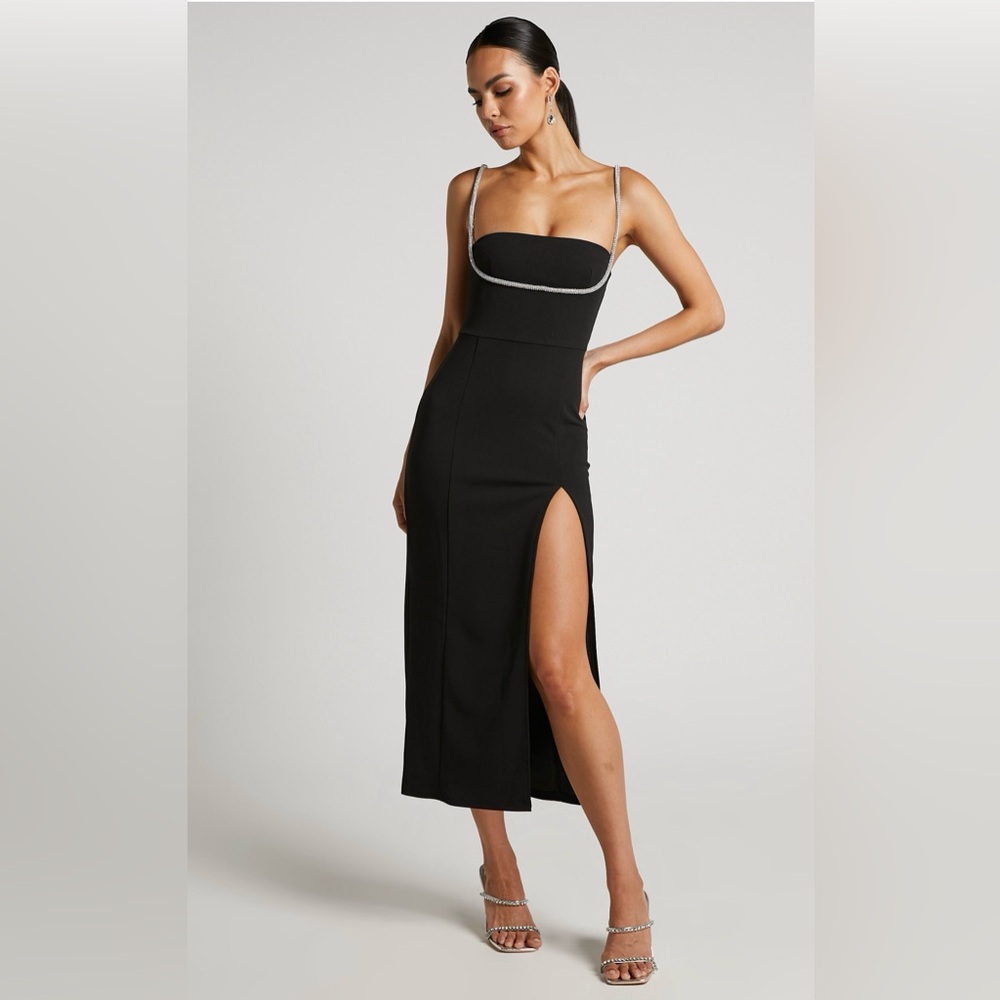 SHARLEY MIDI BLACK DIAMANTÉ DETAIL PENCIL DRESS